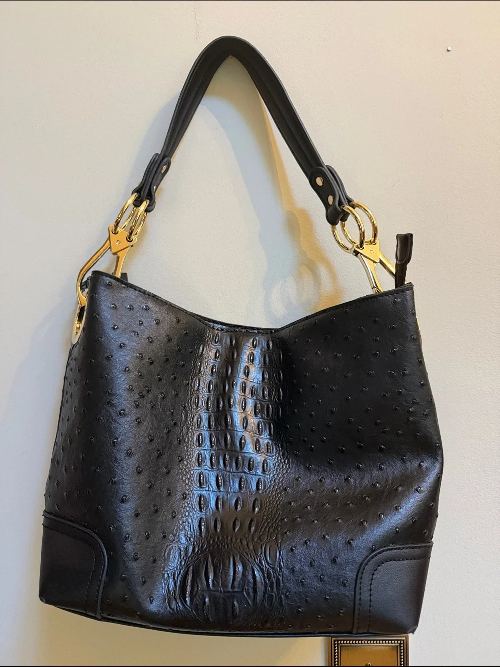 MKF Black Vegan Leather Shoulder Bag with Gold Hardware